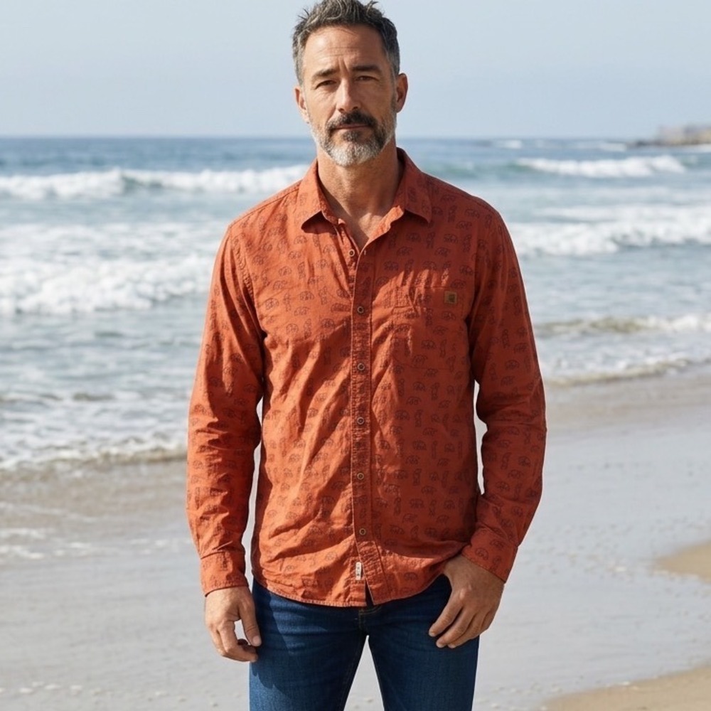 Solaris Men Geometric Origami Bear Prnt Button Down Shirt Rust Orange L Gorpcore